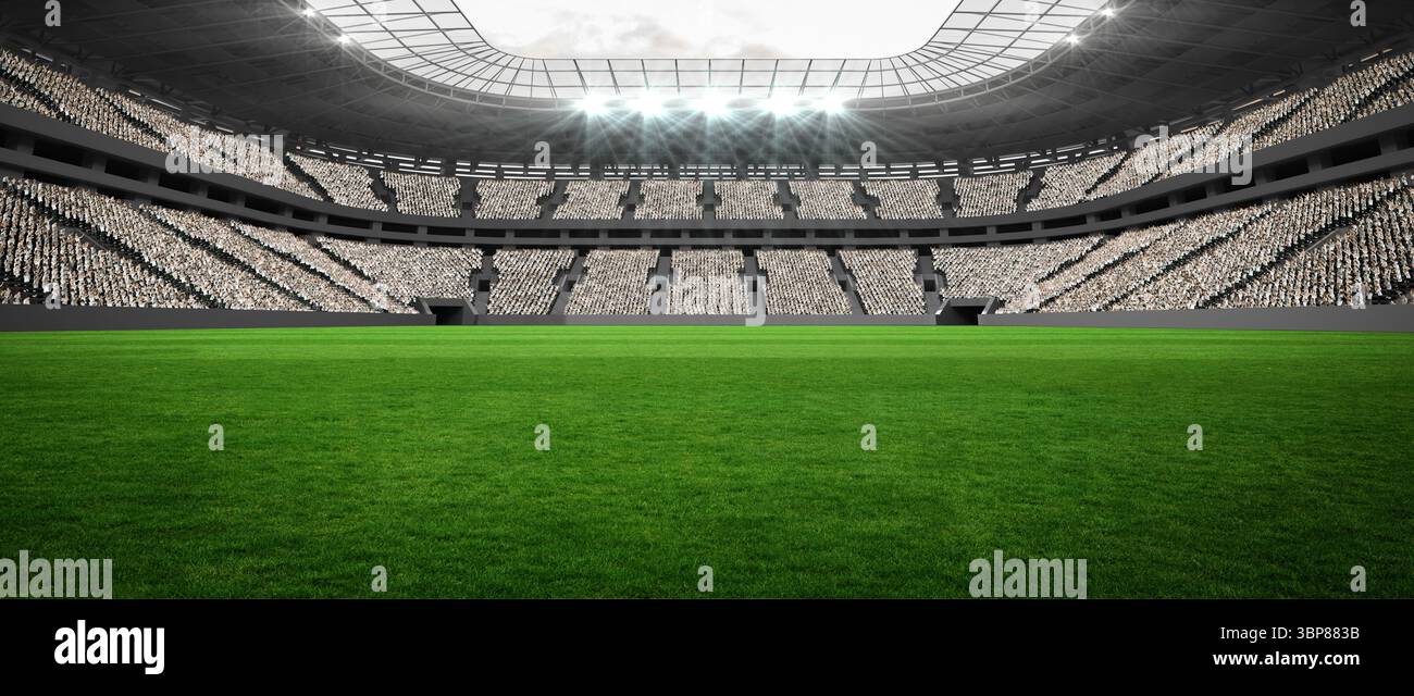 La folla sta guardando il campo di erba verde sotto i riflettori in uno stadio dal design piatto con tetto trasparente Foto Stock