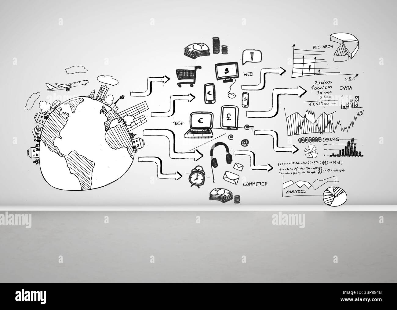 Grafica in bianco e nero su parete bianca Foto Stock