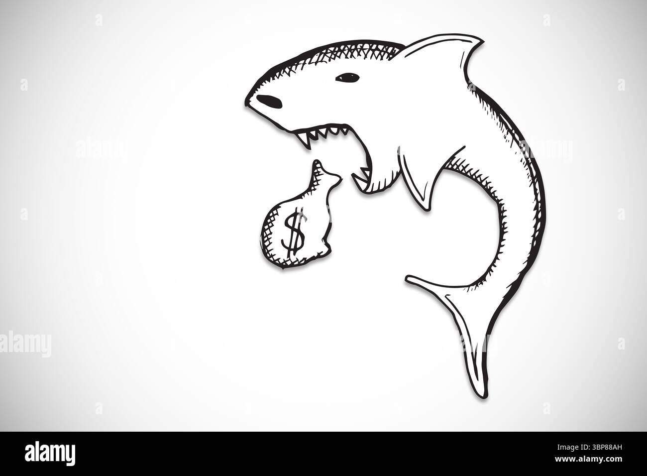 Lo squalo monocromatico disegnato a mano sta mordendo un sacco di soldi con il simbolo del dollaro su sfondo liscio e sfumato Foto Stock