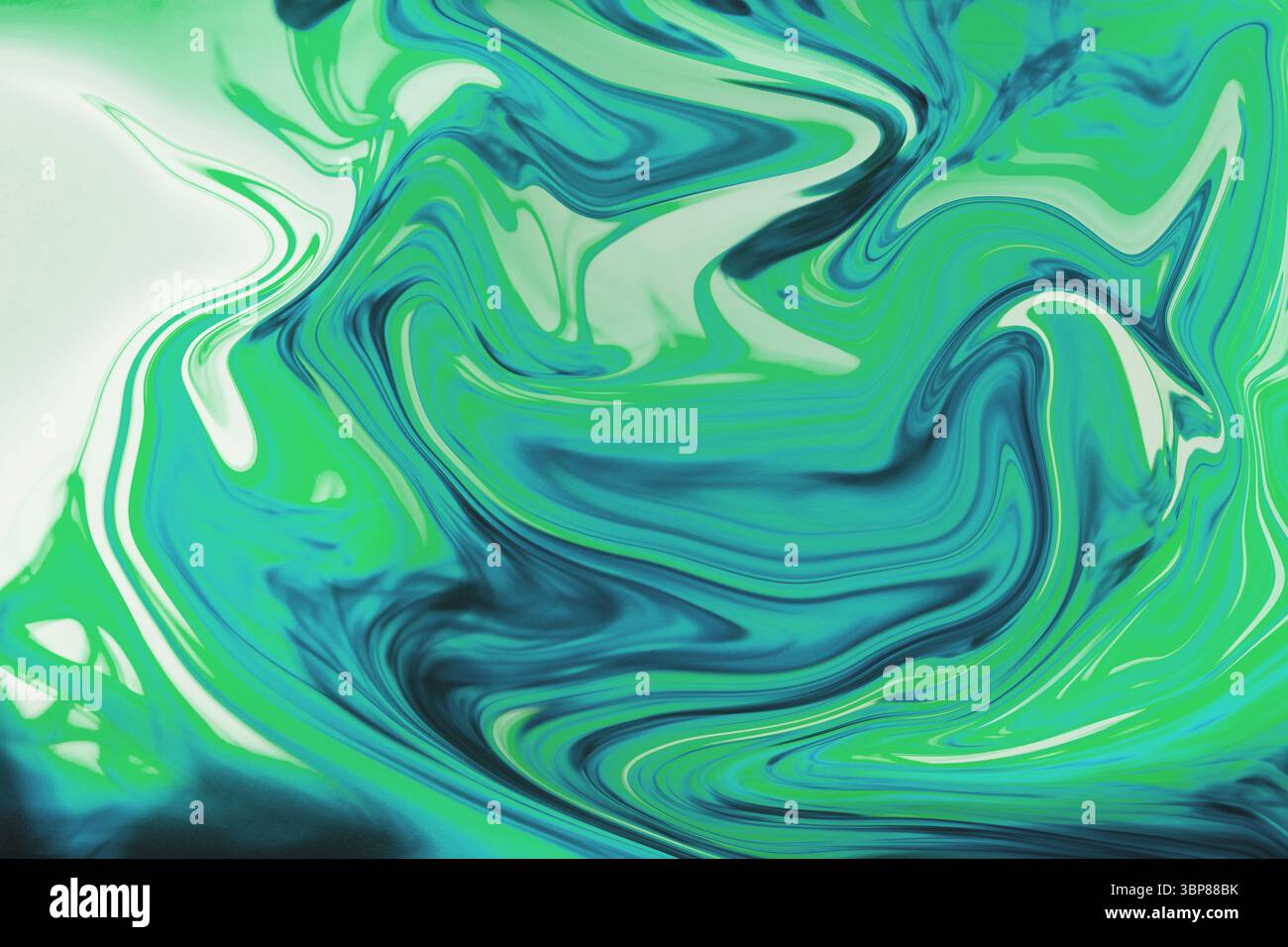 Mostra la larghezza di riempimento dello schema di turbolenza del fluido astratto in verde turchese blu bianco, senza sfondo Foto Stock