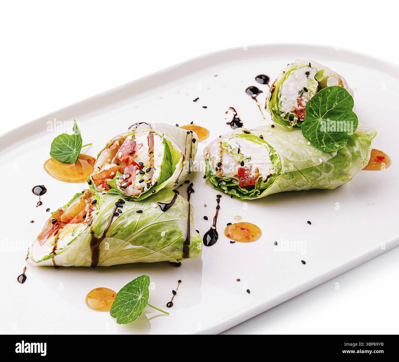 Il cibo, i colorati involtini di lattuga ripieni di verdure fresche e conditi con salsa sono disposti ordinatamente su un piatto bianco, creando un'allettante presentazione Foto Stock