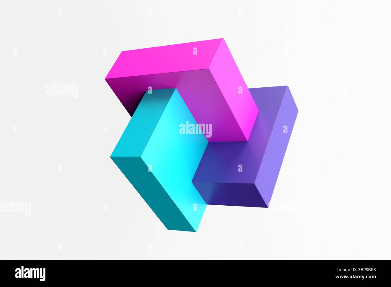 Tre prismi rettangolari colorati che si intersecano, formando una composizione astratta dinamica e moderna su sfondo bianco. Concetto di unità o integrazione Foto Stock