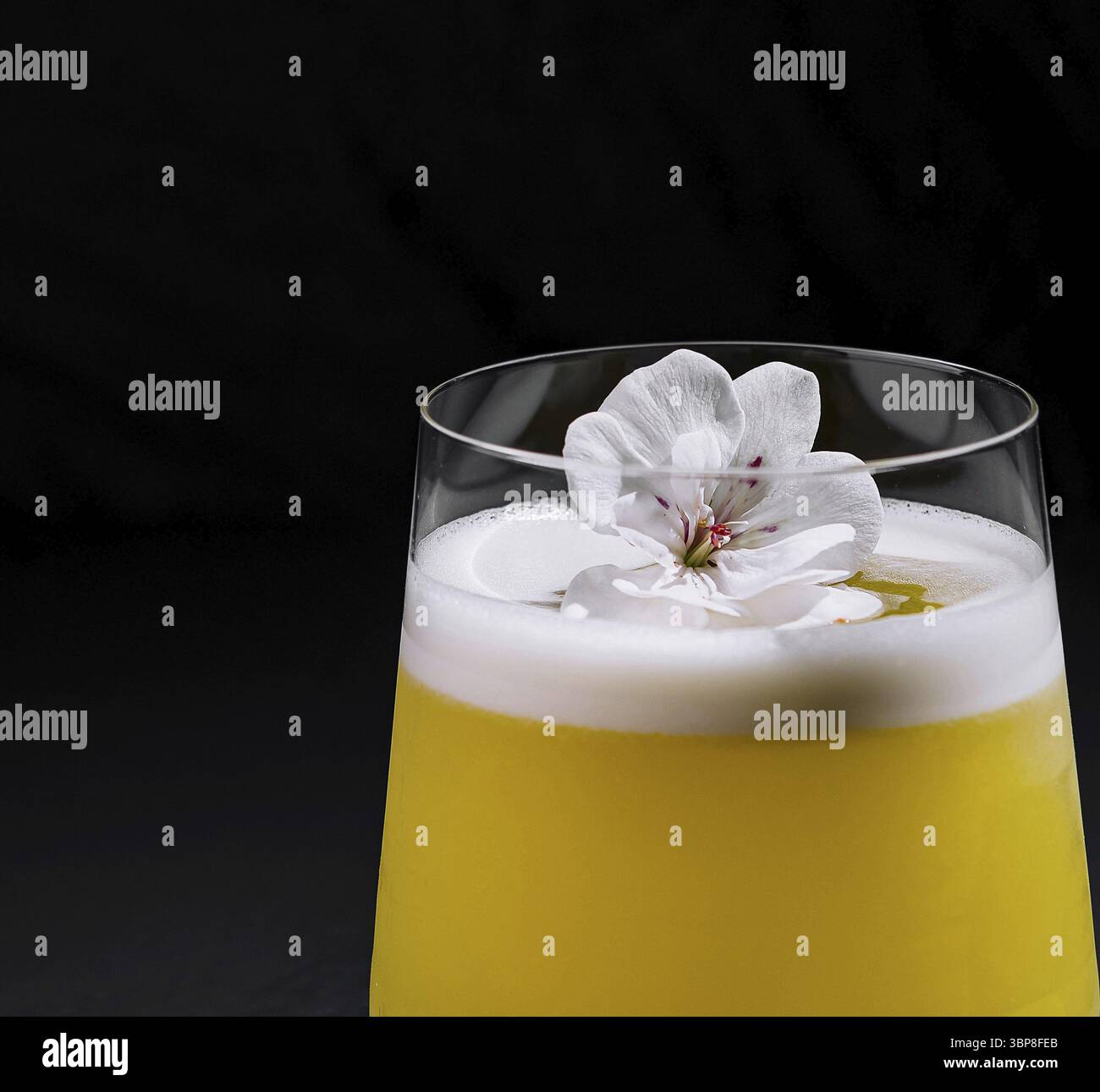 Cibo, cocktail sofisticato adornato da una decorazione floreale bianca su uno sfondo scuro Foto Stock