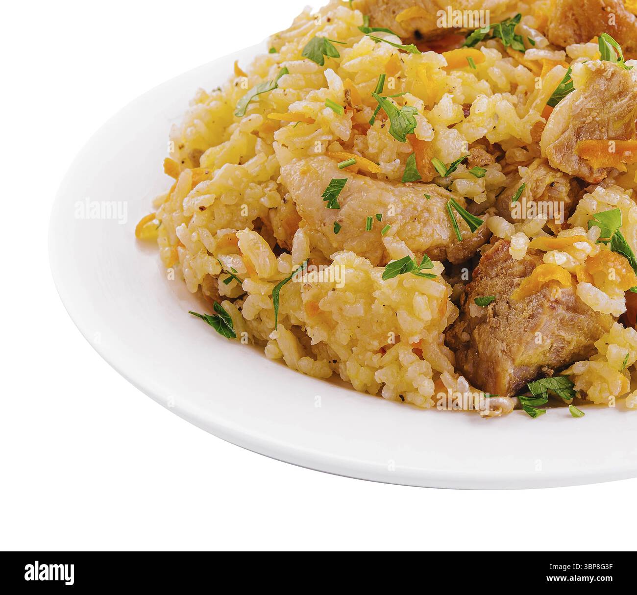 Cibo, riso fritto con pancetta croccante di maiale Foto Stock