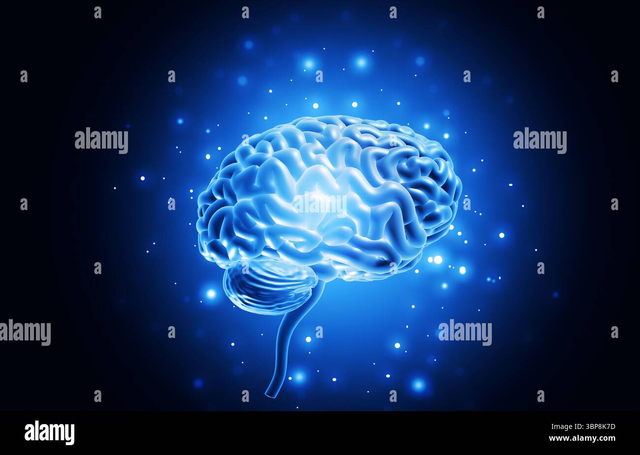Cervello umano con segnali sul background scientifico. illustrazione 3d. Foto Stock