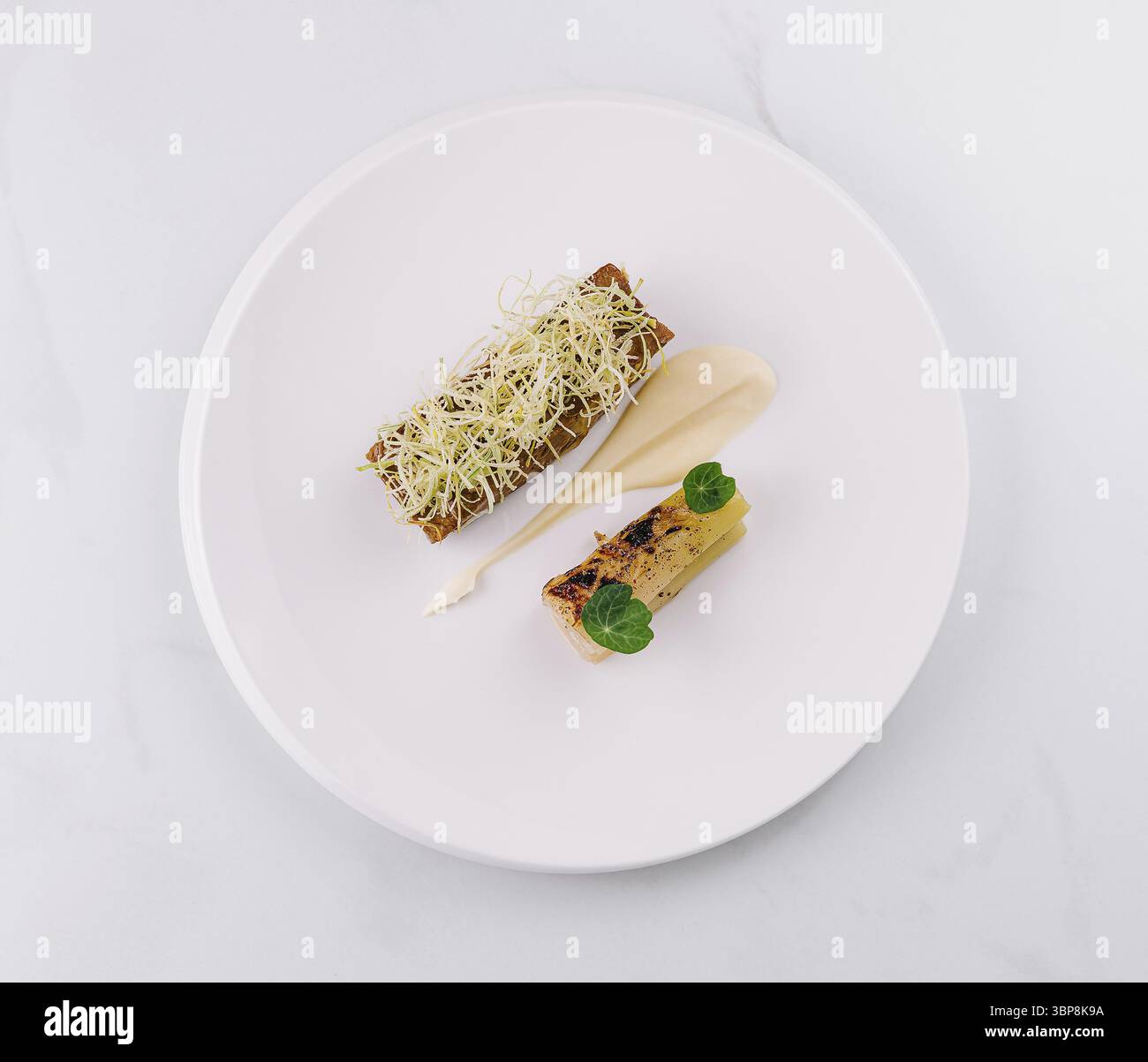 Cibo, due piccole portate sono presentate su un piatto bianco, delicatamente guarnite con microverdure Foto Stock