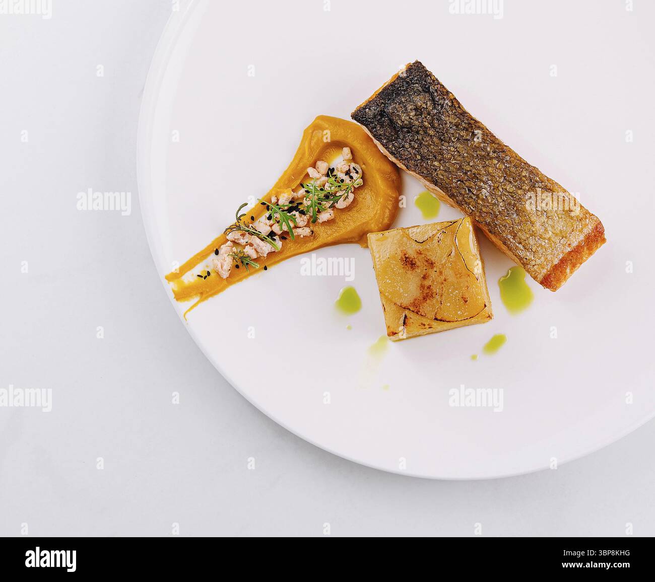 Cibo, piatto gourmet di salmone placcato con purea e guarnire su uno sfondo bianco minimalista Foto Stock
