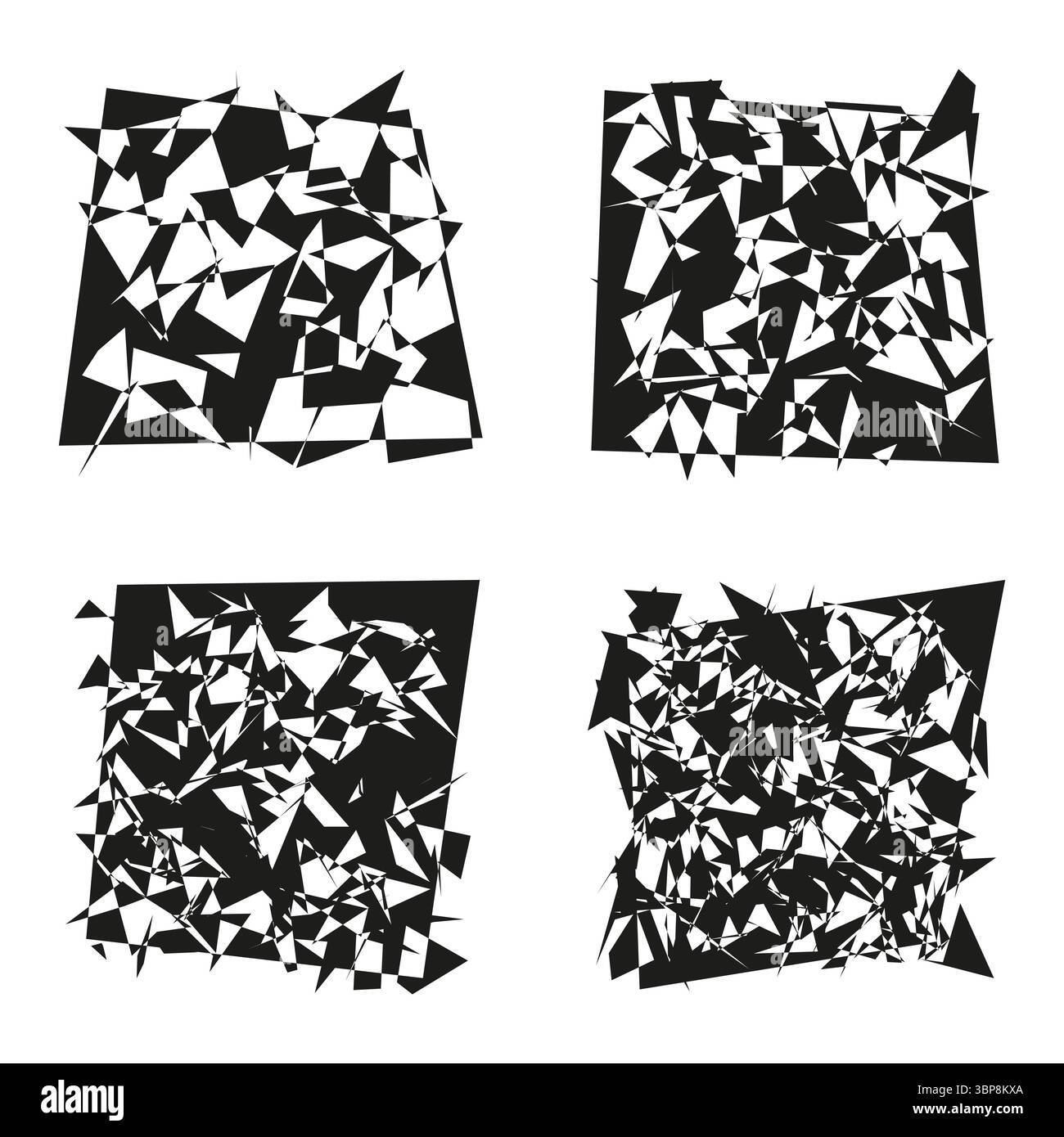 Forme astratte frammentate. Forme geometriche distrutte. Caos bianco e nero. Trama grunge vettoriale. Illustrazione Vettoriale