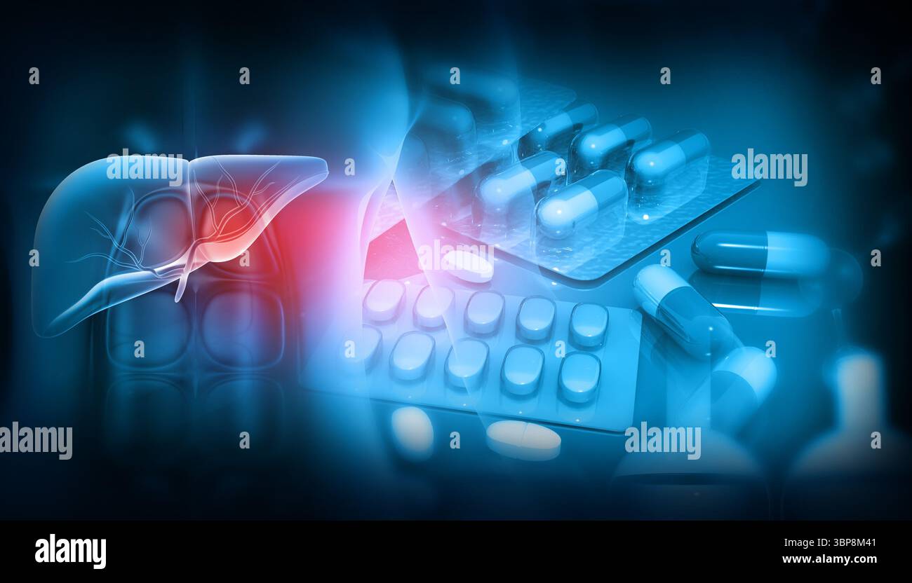Fegato umano con medicina. Trattamento dell'epatite concetto di medicina. illustrazione 3d. Foto Stock