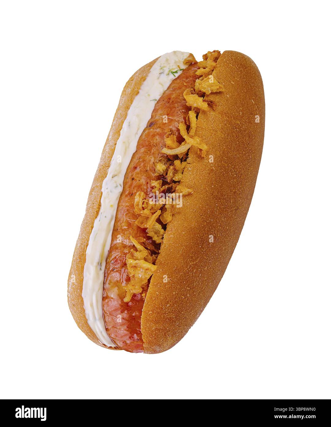 Cibo, hot dog con salsiccia, maionese e cipolle fritte Foto Stock