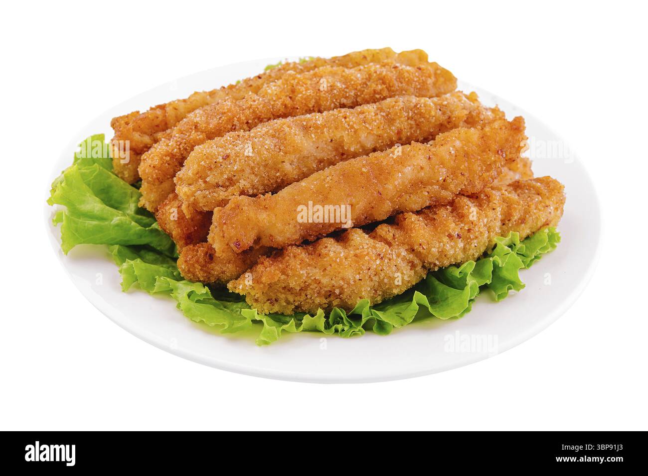 Cibo, pepite di pollo su lattuga isolata su bianco Foto Stock