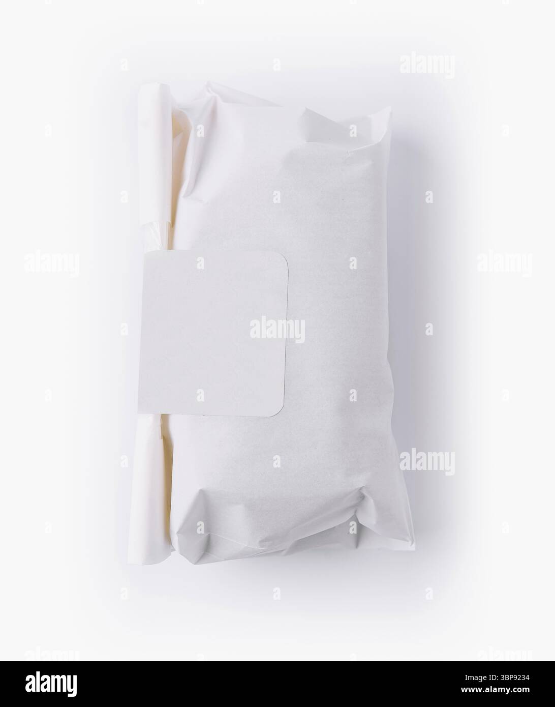 Cibo, vista dall'alto di una confezione ben confezionata con un'etichetta vuota per il branding Foto Stock