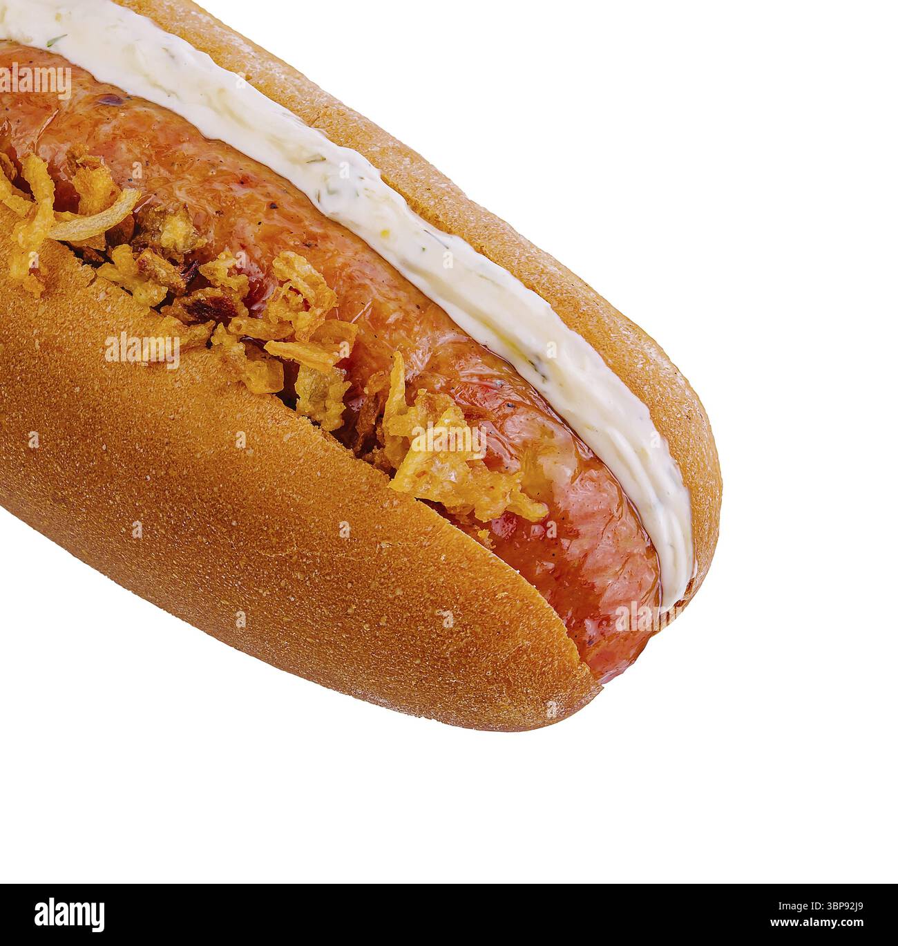 Cibo, hot dog con salsiccia, maionese e cipolle fritte Foto Stock