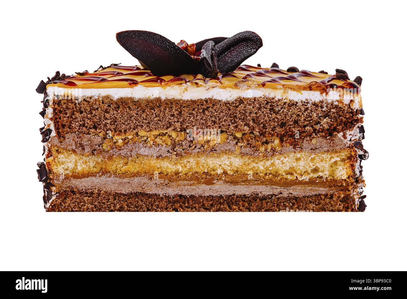 Il cibo, l'appetitosa torta al cioccolato con strati di caramello e gocce di cioccolato ti farà venire l'acquolina in bocca Foto Stock