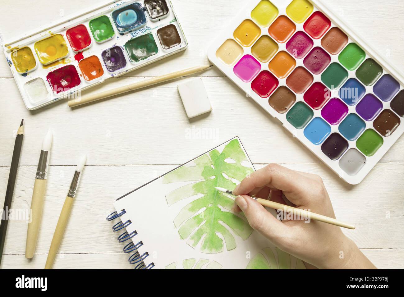 Pittura ad acquarelle femminile di foglia di monstera. Vernici e pennelli acquerelli, vista dall'alto. Un piatto artistico creativo Foto Stock