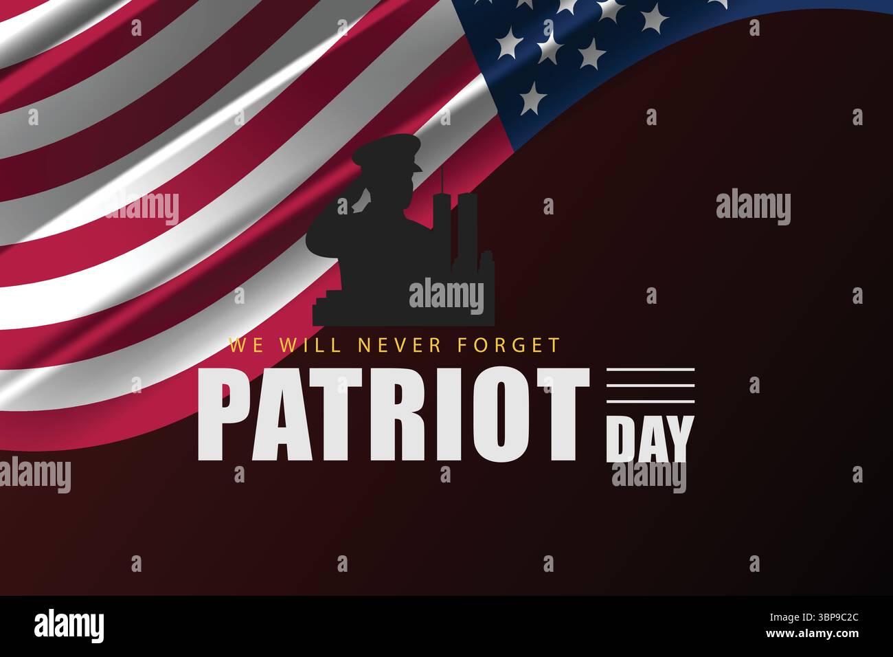Non dimenticheremo mai 911 Banner con bandiera americana completa e silhouette da soldato Illustrazione Vettoriale