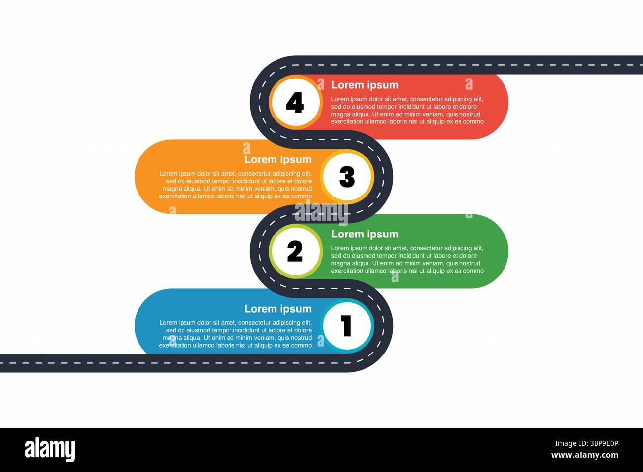 Elementi infografici della mappa stradale e spazio per i dati. Concetto di fasi successive del processo aziendale. Illustrazione vettoriale Illustrazione Vettoriale