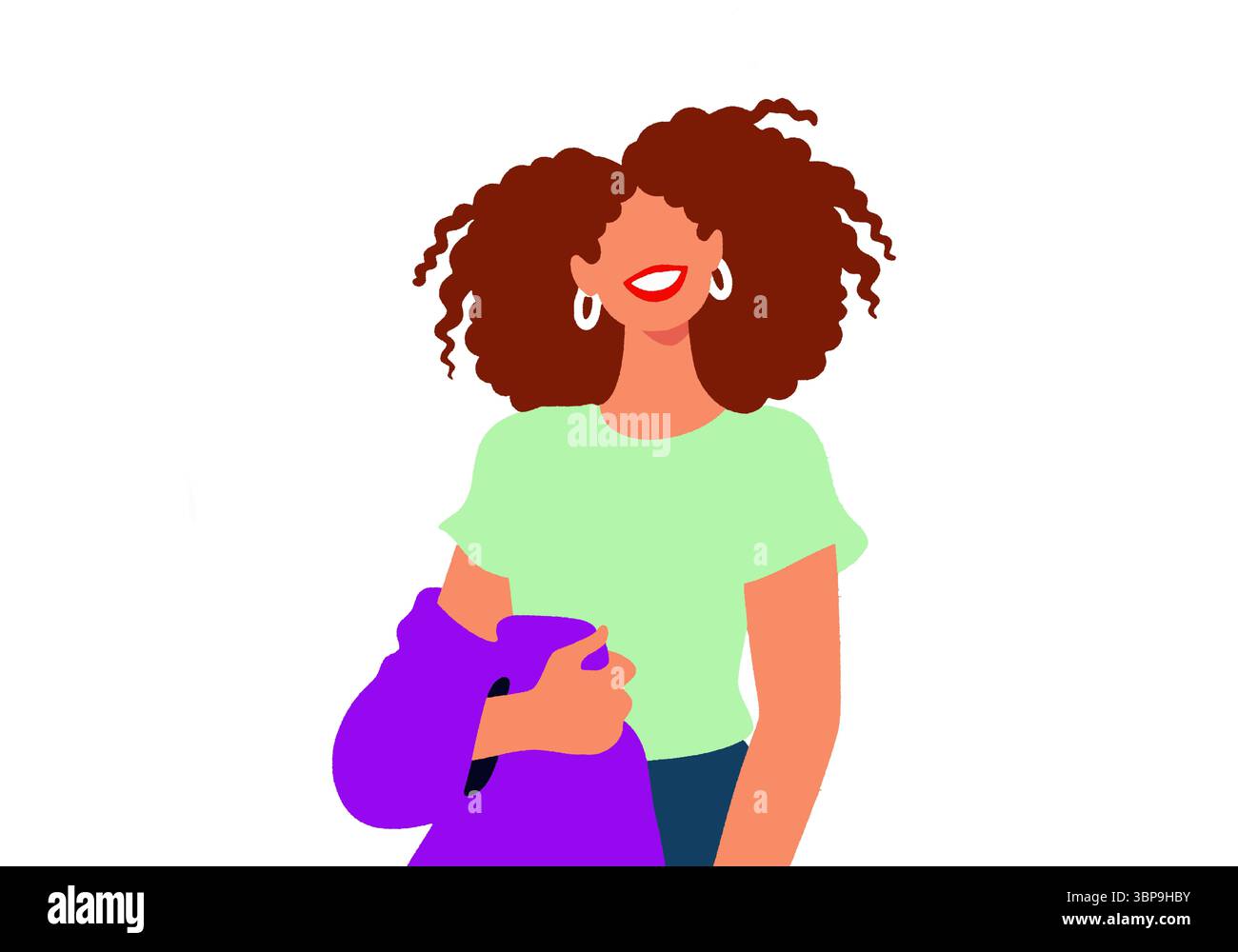 Illustrazione stilizzata di una donna sorridente con capelli ricci che reggono un cappotto viola. Illustrazione Foto Stock