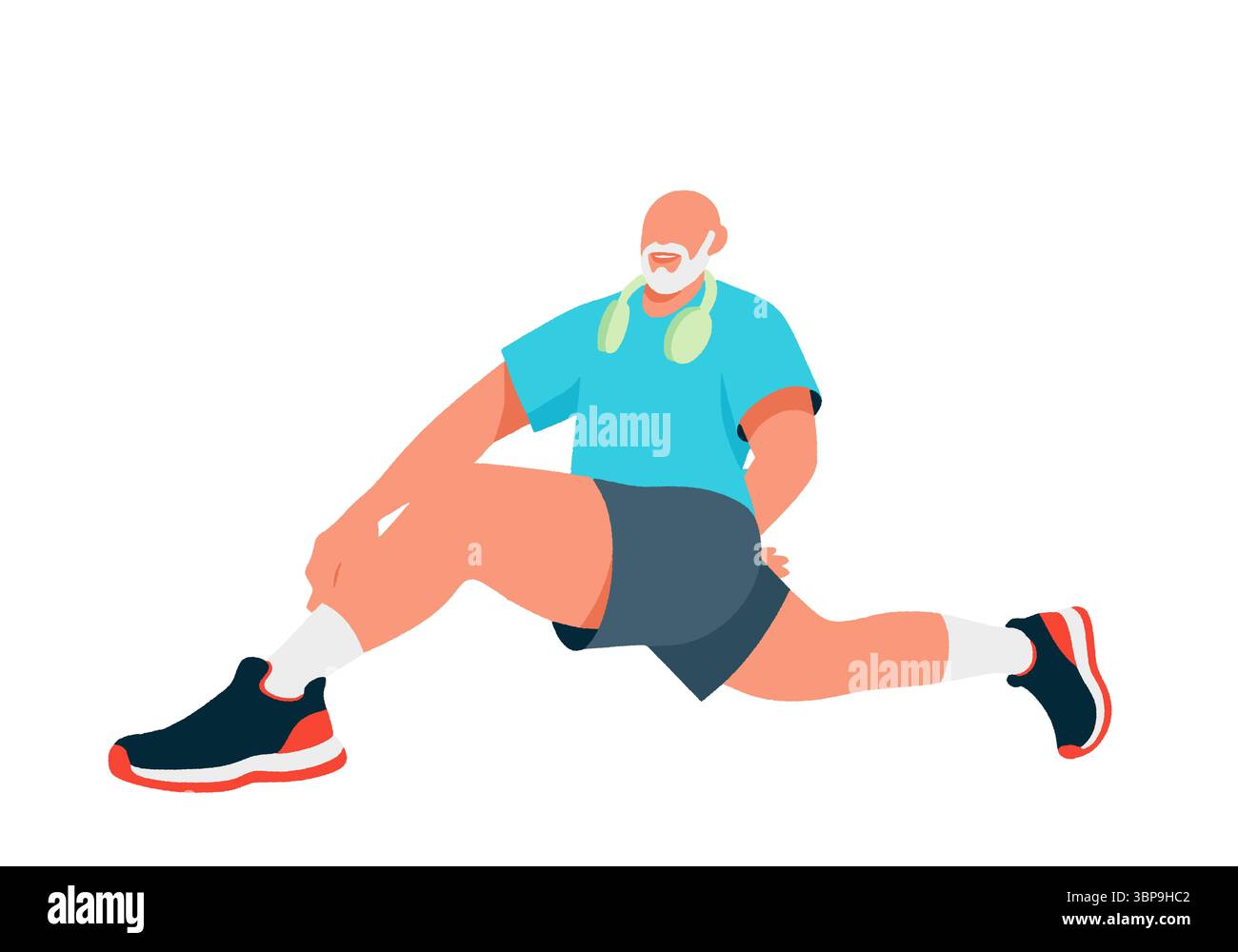 Uomo anziano che si allunga con le cuffie intorno al collo su sfondo bianco. Illustrazione Foto Stock