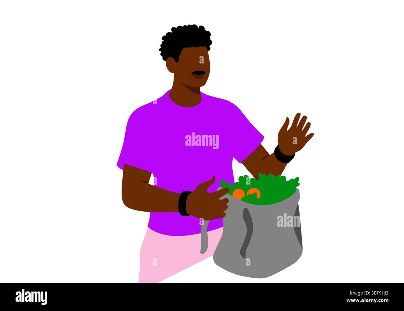 Una persona che tiene in mano un sacchetto di prodotti freschi, gestendo con una mano. Illustrazione Foto Stock