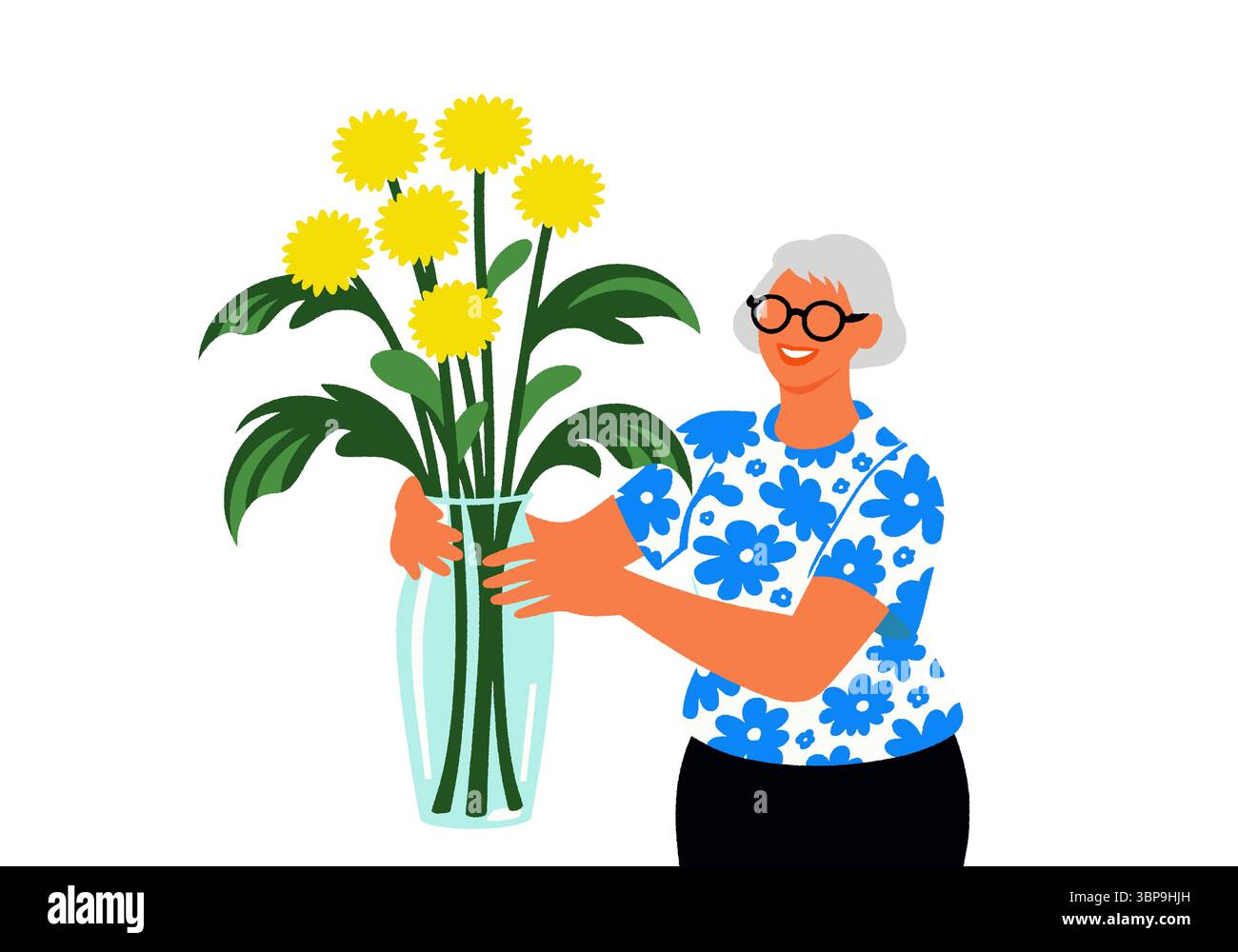 Donna sorridente con capelli grigi che regge un vaso di fiori gialli e indossa una camicia floreale blu. Illustrazione Foto Stock