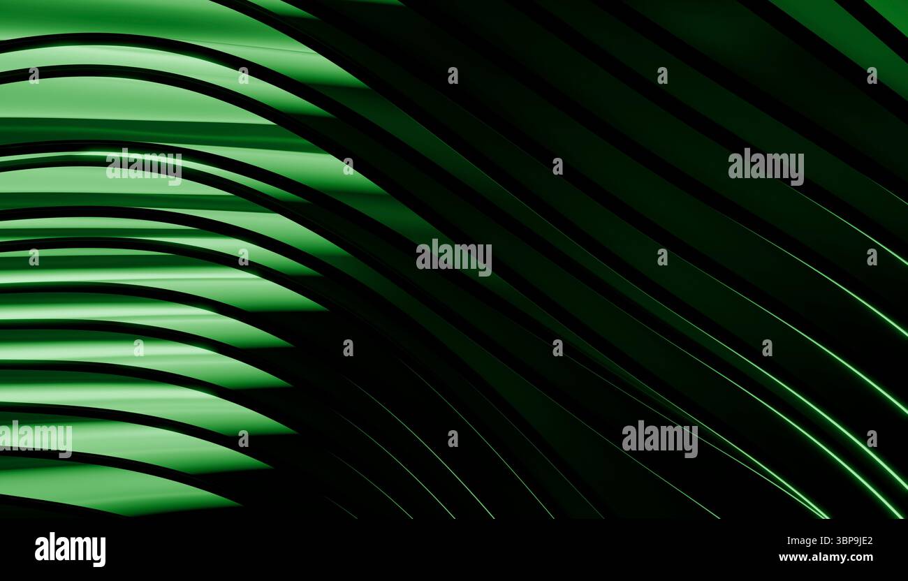 Design astratto di linee morbide, curve, verdi e nere che creano un moderno motivo ondulato. Rendering 3D. Foto Stock