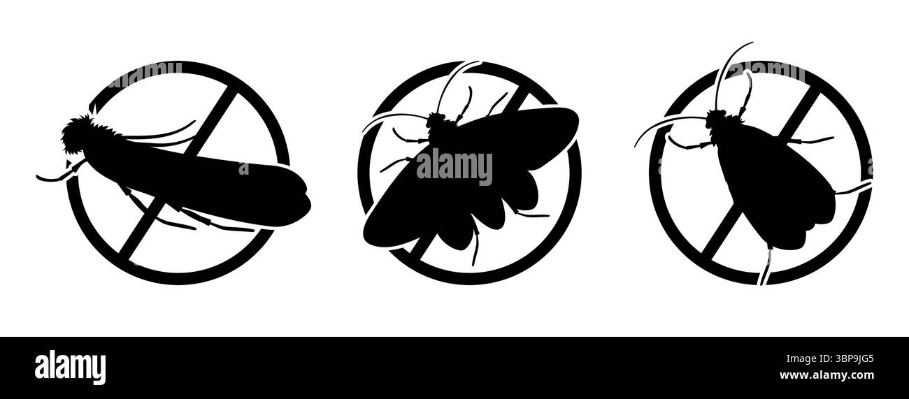 Fermatevi le falene che mangiano i vostri vestiti, tre cartelli di avvertimento bianchi e neri con insetti e simbolo proibito rappresentano un concetto di contr. Parassita Illustrazione Vettoriale