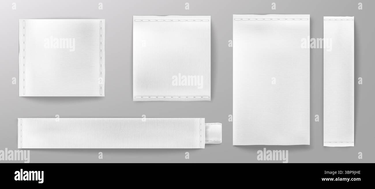 Mockup Collection di etichette in tessuto bianco - etichette in tessuto vuote con bordi cuciti, toppe rettangolari in tessuto e strisce di tela per il branding. Stemmi in cotone vuoti isolati su sfondo grigio. Illustrazione Vettoriale