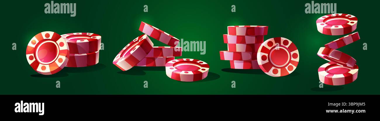 Collezione di cartoni animati Casino chips - gettoni poker rossi impilati, pile sparse sul tavolo verde. Gioco d'azzardo a pedine con strisce bianche e puntini. Scommesse su monete per blackjack, roulette, giochi di carte. Illustrazione Vettoriale