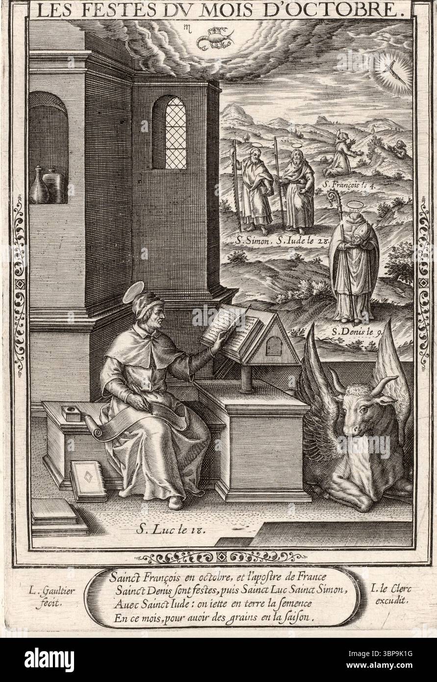 Il Festival di ottobre di San Luca in un'incisione del 1603. Il santo è seduto a leggere un testo con la sua bolla simbolica a destra. Foto Stock