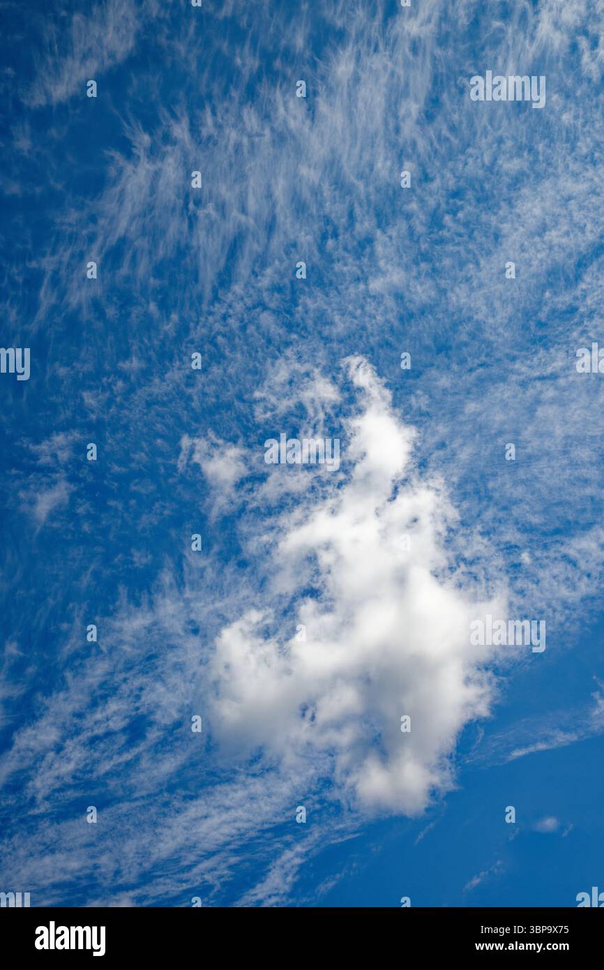 Formazione di nubi di wispy bianche contro un cielo soleggiato blu Foto Stock