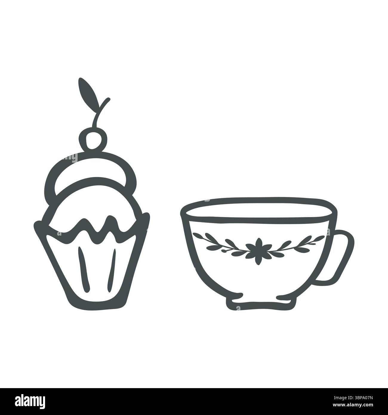 Tazza di tè o caffè, icona contorno cupcake, set di ritagli. Linea decorativa trame disegnata a mano Doodle, contorno di schizzo a inchiostro nero, design piatto a fumetti Illustrazione Vettoriale