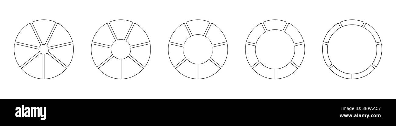 Ruote rotonde divise in sette sezioni. Delineare le tabelle delle ciambelle o le torte segmentate su 7 parti uguali. Set infografica diagrammi. Linea del grafico di sezione circolare Illustrazione Vettoriale