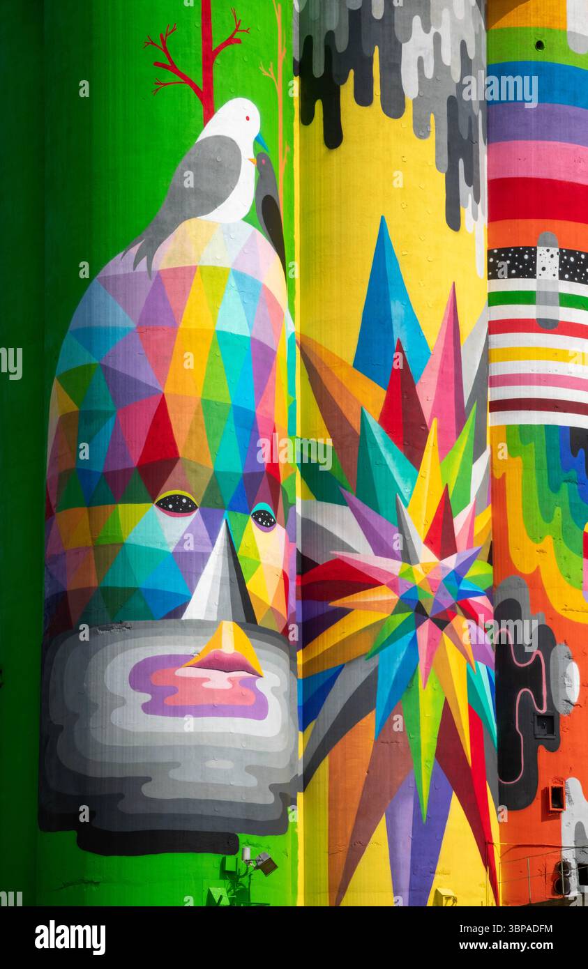 Saginaw, Michigan - il murale Shine Bright sugli ascensori di grano abbandonati. Il murale è stato creato quando la comunità ha raccolto $ 50.000 per portare stre spagnole Foto Stock