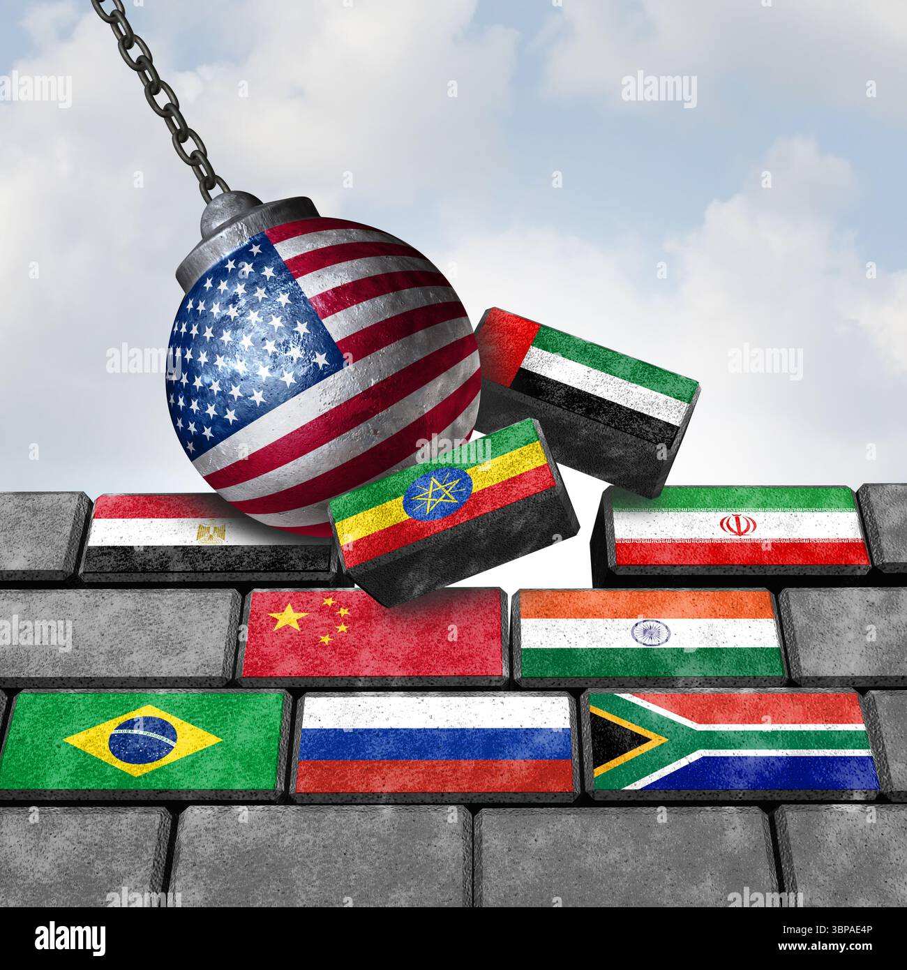 Conflitto BRICS DEGLI STATI UNITI e guerra commerciale delle tariffe degli Stati Uniti sul gruppo nazionale come Brasile Russia India Cina e Sud Africa come paesi dei mercati emergenti come e Foto Stock