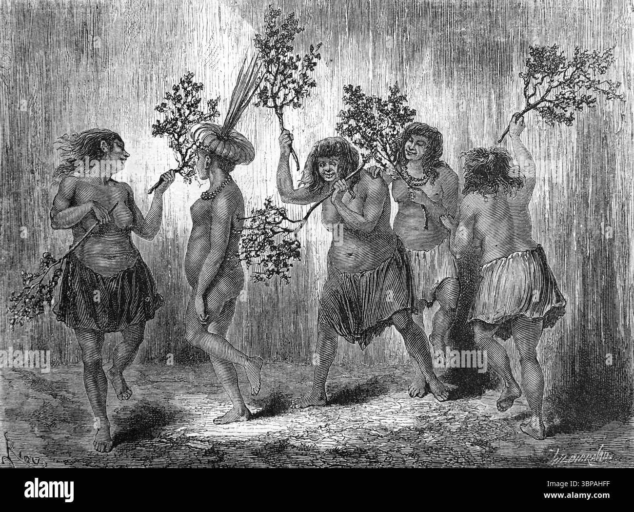 Rituale di flagellazione tra i Ticuna o i Ticunas, le popolazioni indigene o gli indiani amazzonici, detti Maguta, Tucuna, Tikuna o Tukuna, Brasile, Colombia e Perù, Sud America. Incisione vintage o storica o illustrazione 1866 Foto Stock