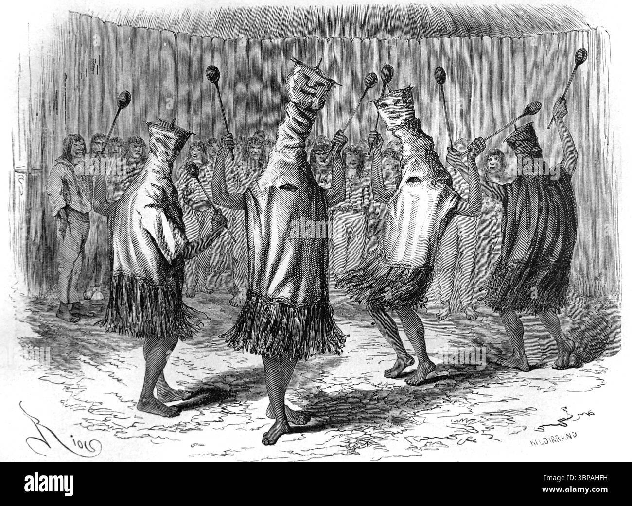 Danza tribale, danza popolare, costume o rituale popolare tra Ticuna o Ticunas, indigeni o indiani amazzonici, detti Maguta, Tucuna, Tikuna o Tukuna, Brasile, Colombia e Perù, Sud America. Incisione vintage o storica o illustrazione 1866 Foto Stock
