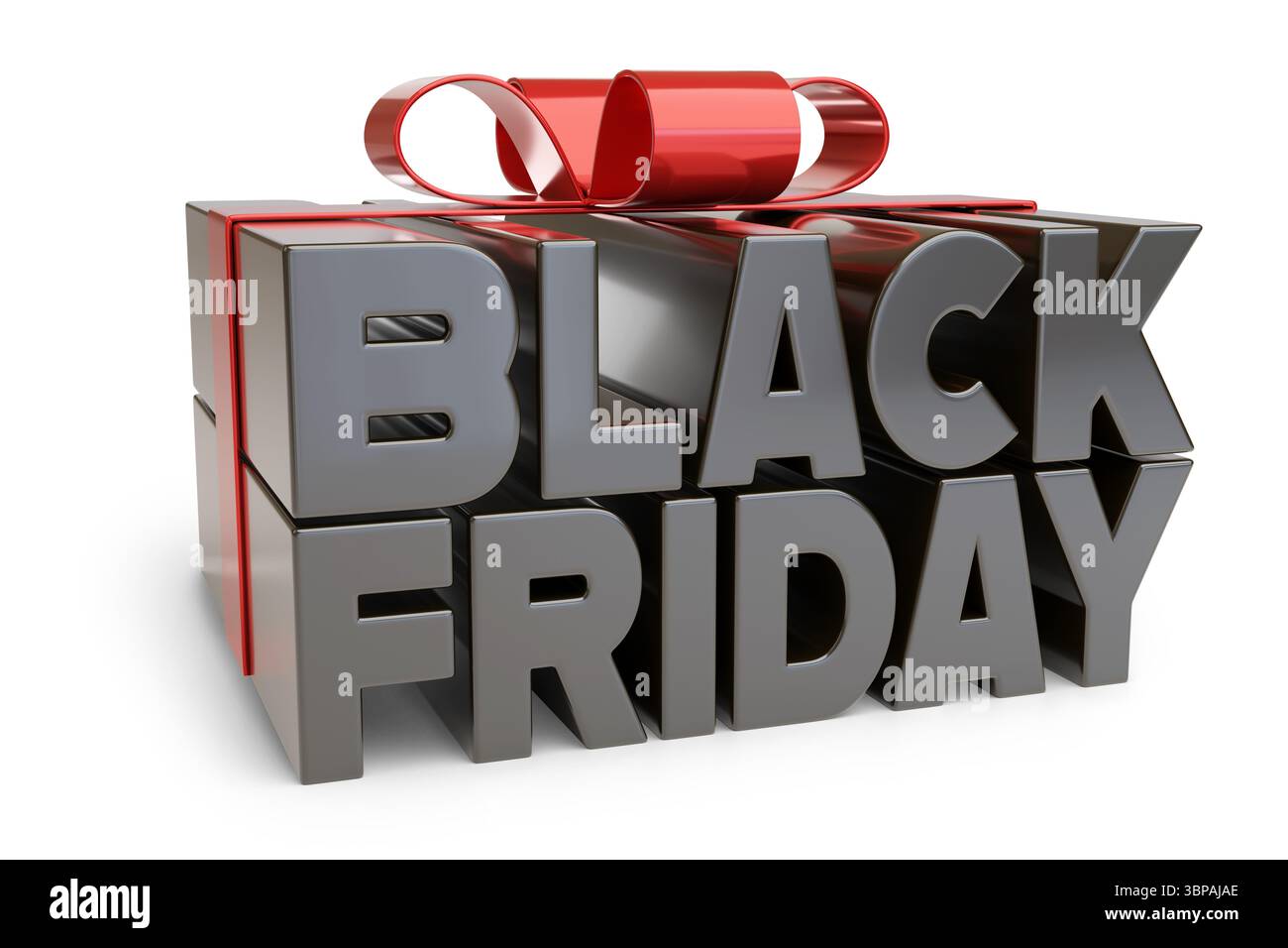 Testo del Black Friday a forma di regalo isolato su sfondo bianco. illustrazione 3d. Foto Stock