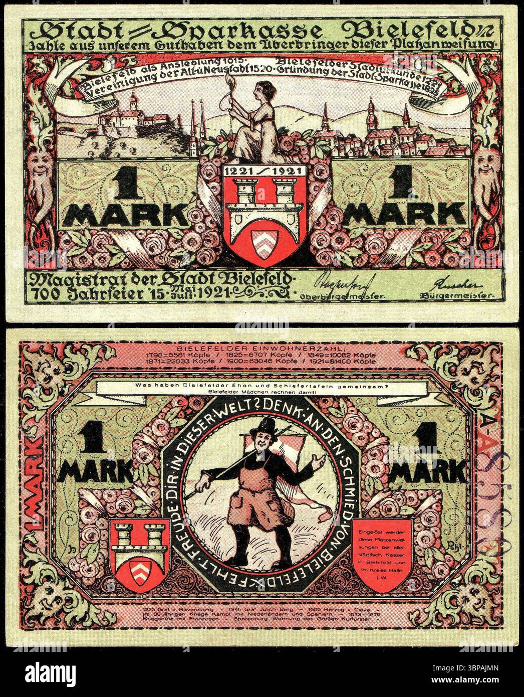 1 banconota di Mark Notgeld da Bielefeld, Germania, datata 15 maggio 1921. Emessa per commemorare il 700° anniversario della città, la nota presenta immagini dello stemma di Bielefeld, una vista sulla città e, al contrario, una raffigurazione di "Der Schmied von Bielefeld" (il fabbro di Bielefeld), che celebra il patrimonio e l'artigianato locale. Foto Stock