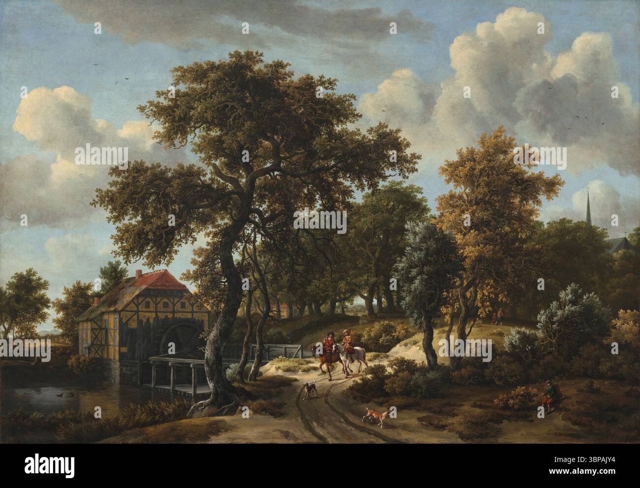 The Travelers, 1662 (circa), di Meindert Hobbema. Questo vasto paesaggio olandese mostra cavalieri e cani che passano davanti a un rustico mulino ad acqua circondato da alberi lussureggianti e sotto un cielo spettacolare e pieno di nuvole, esemplificando la magistrale rappresentazione di Hobbema della campagna rurale e la sua influenza da Jacob van Ruisdael. Foto Stock
