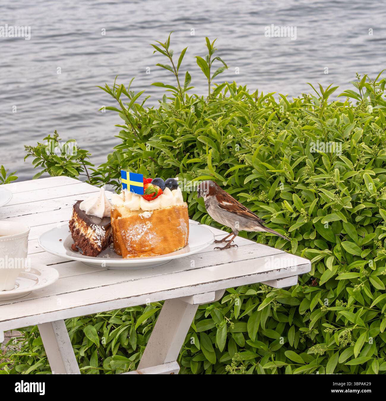 Un piccolo uccellino si avvicina a un piatto di torta decorato con frutta e bandiera svedese, adagiato su un tavolo bianco da un corpo d'acqua, circondato da verde fogliame Foto Stock