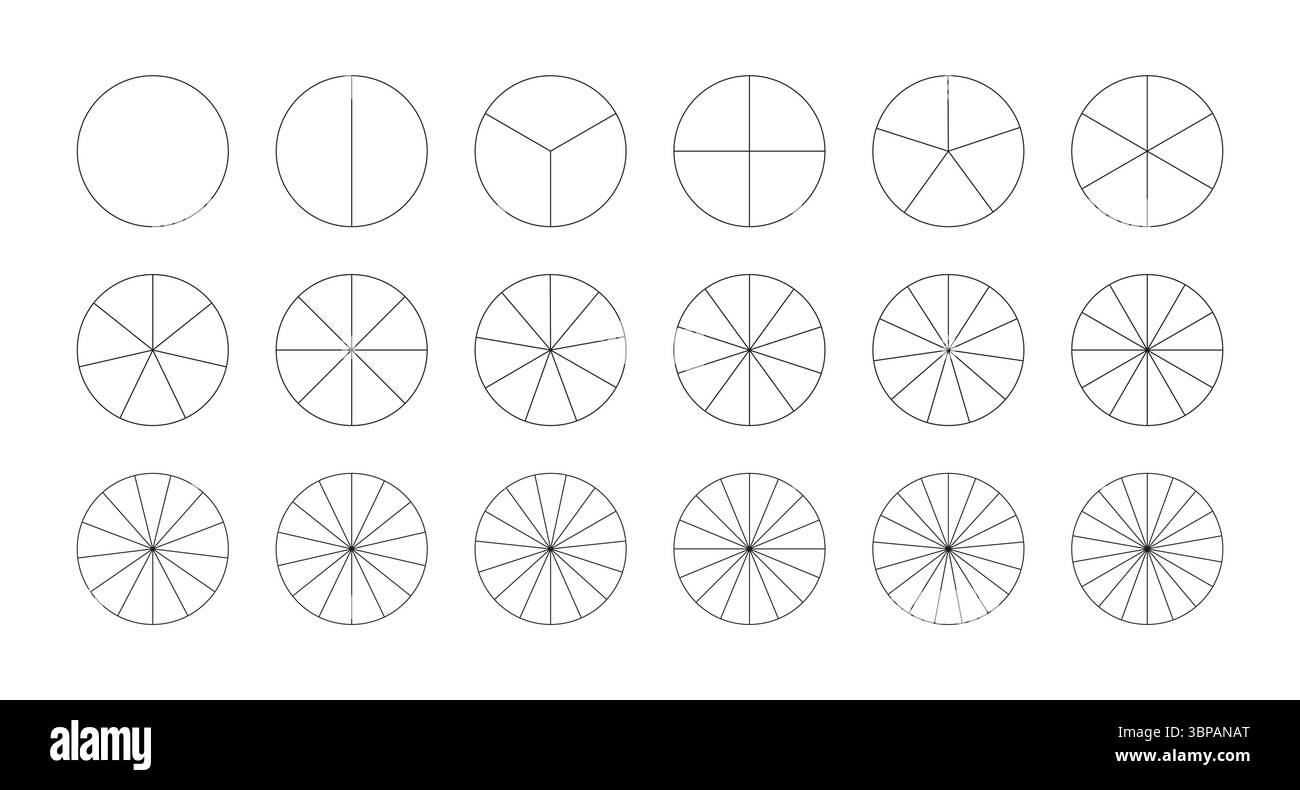 Set di grafici segmentati. Modello grafico a torta. Schema delle parti delle ruote. Molti settori dividono il cerchio su parti uguali. Grafica nera sottile Illustrazione Vettoriale