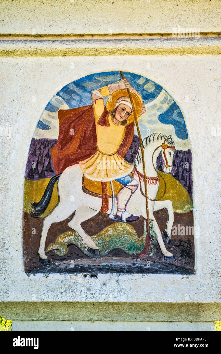 San Giorgio uccide il drago, immagine al santuario sulla strada in Keutschacher Strasse vicino alla città di Viktring, Wörther SEE (lago Wörth), Alpi calcaree meridionali, vicino a Klagenfurt, Carinzia, Austria Foto Stock