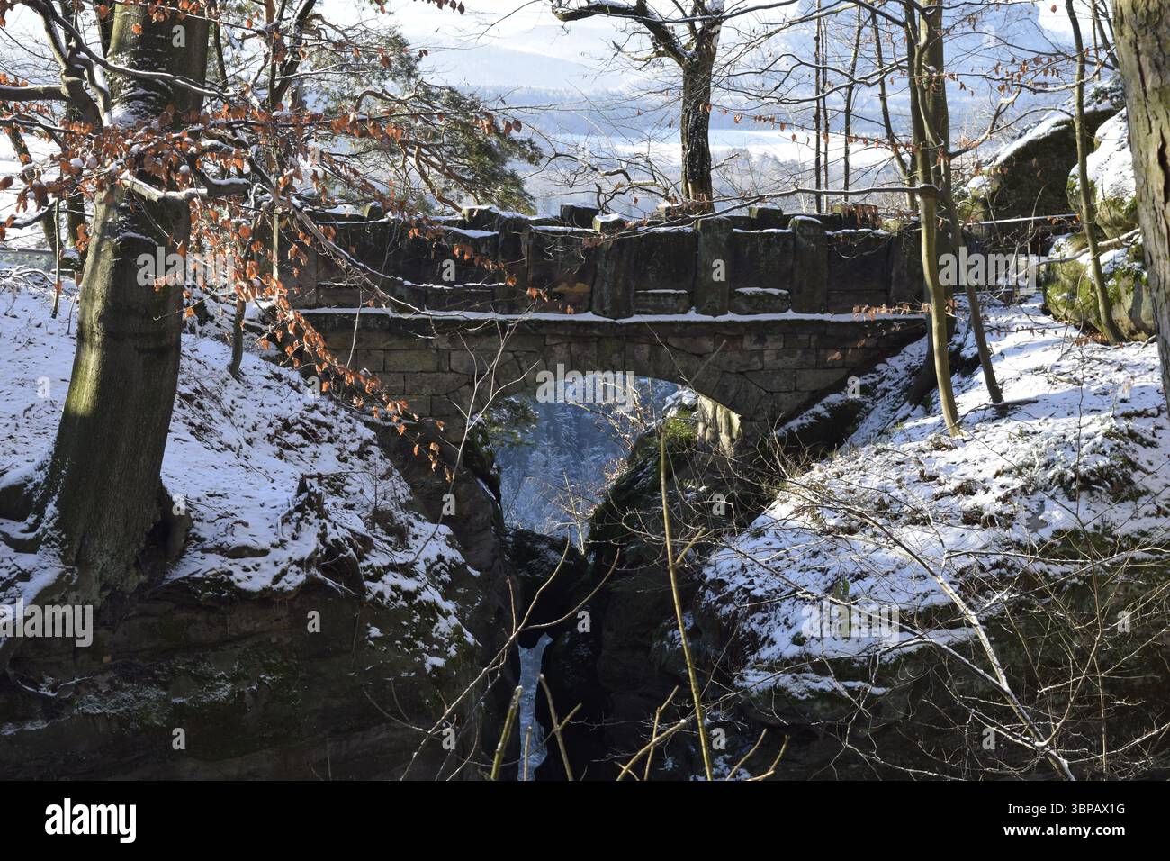 Ponte in pietra arenaria nella Svizzera sassone vicino alla vista del marchio Foto Stock