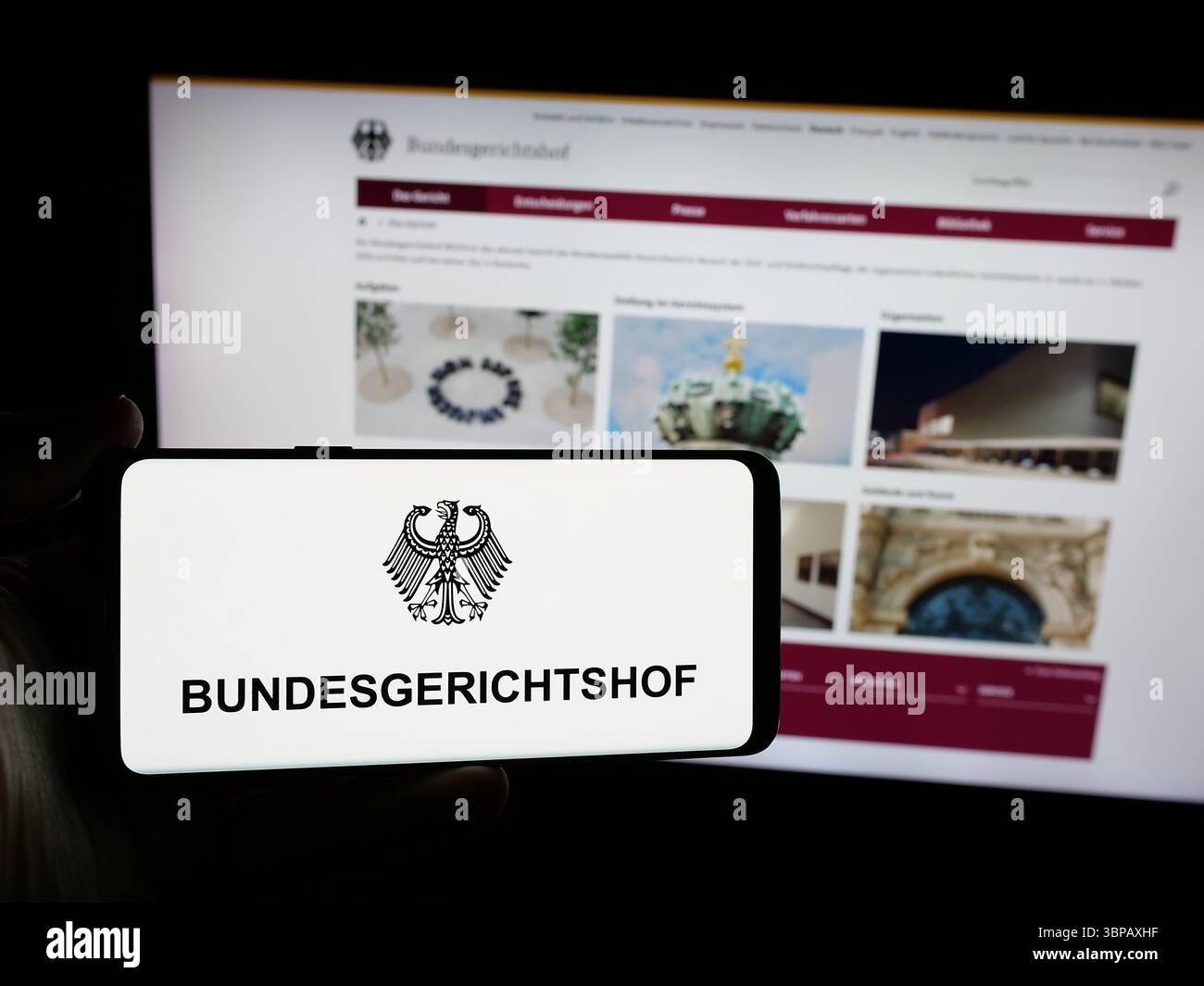 Germania. 11 giugno 2025. In questa immagine, una persona ha in mano uno smartphone con il logo del tribunale federale tedesco Bundesgerichtshof (BGH) sullo schermo davanti al sito Web. (Foto di Timon Schneider/SOPA Images/Sipa USA) *** esclusivamente per notizie editoriali **** credito: SIPA USA/Alamy Live News Foto Stock