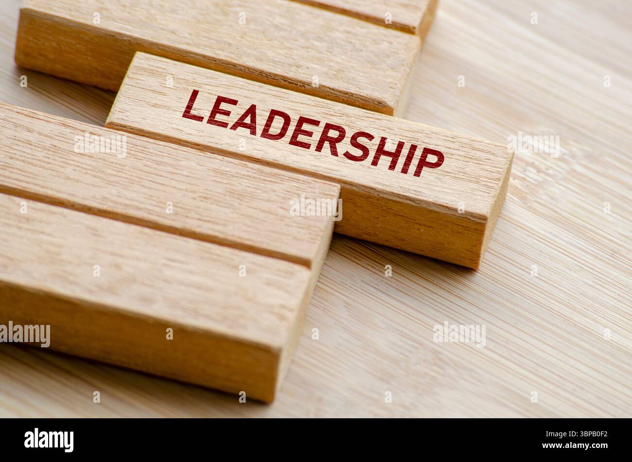 Parole di leadership disposte su blocchi di legno, che ci ricordano i principi e le pratiche che definiscono un grande leader in qualsiasi ambiente professionale. Foto Stock