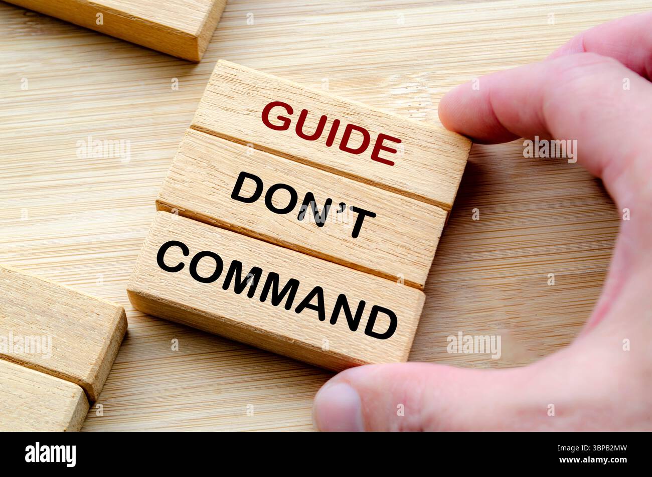 Guida, non comandare frasi su blocchi di legno, enfatizzando la mentalità, l'incoraggiamento e l'empowerment sul controllo autoritario. Foto Stock