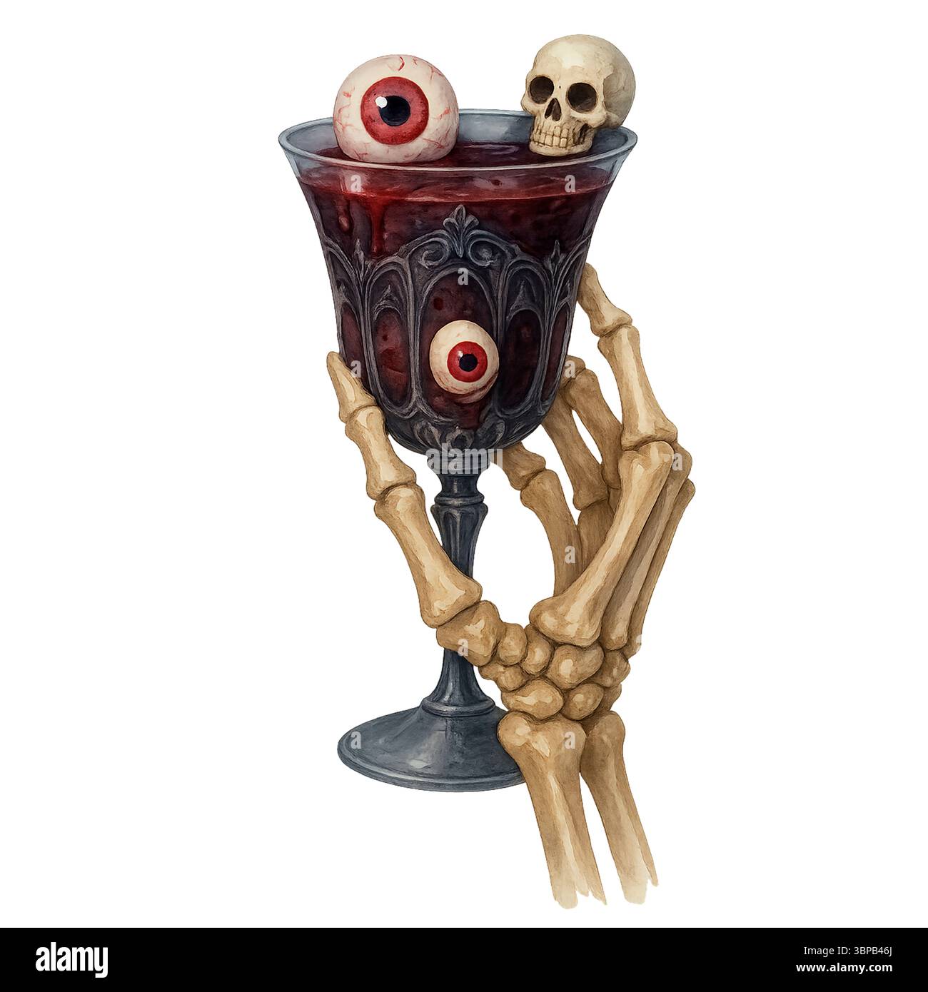 Scheletro mano che regge gotico calice con oculari e teschi - spaventoso drink di Halloween Foto Stock