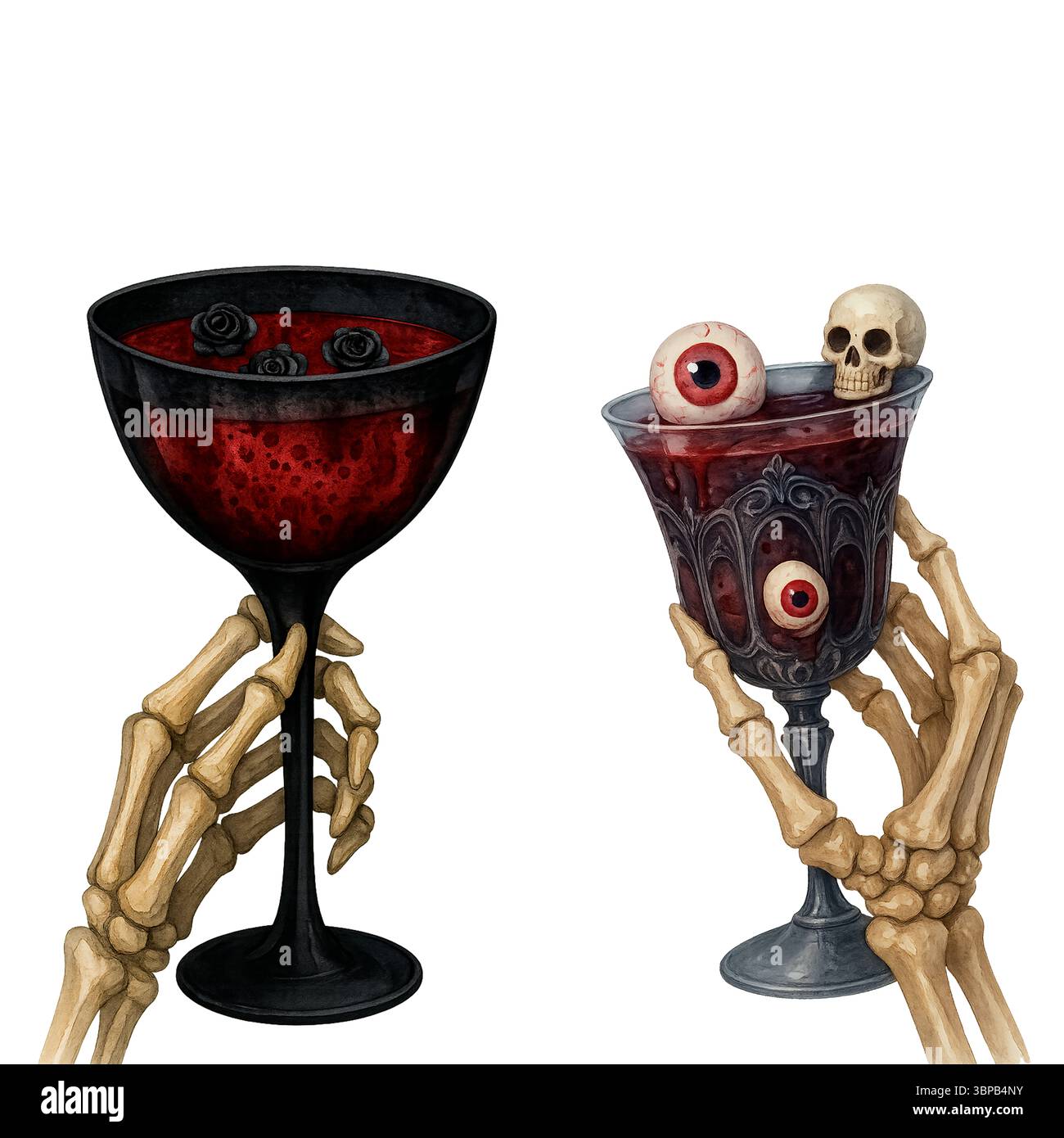 Halloween cocktail Duo – mani di scheletro che tengono bevande di sangue con occhi e teschi Foto Stock