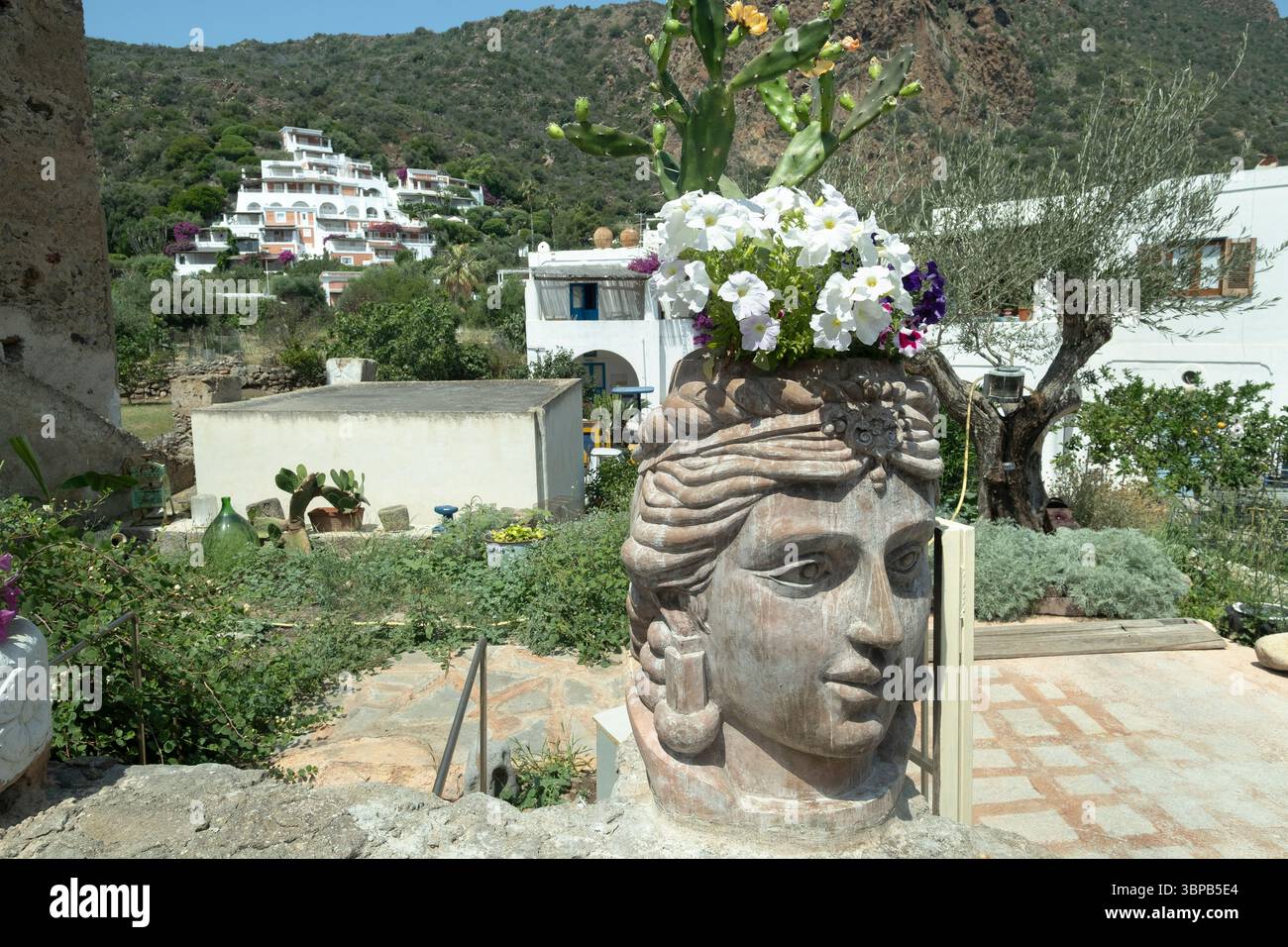 Statua decorativa della testa della brughiera utilizzata come vaso di fiori con petunie e cactus in fiore in un giardino a Panarea, isole eolie, Sicilia, Italia Foto Stock